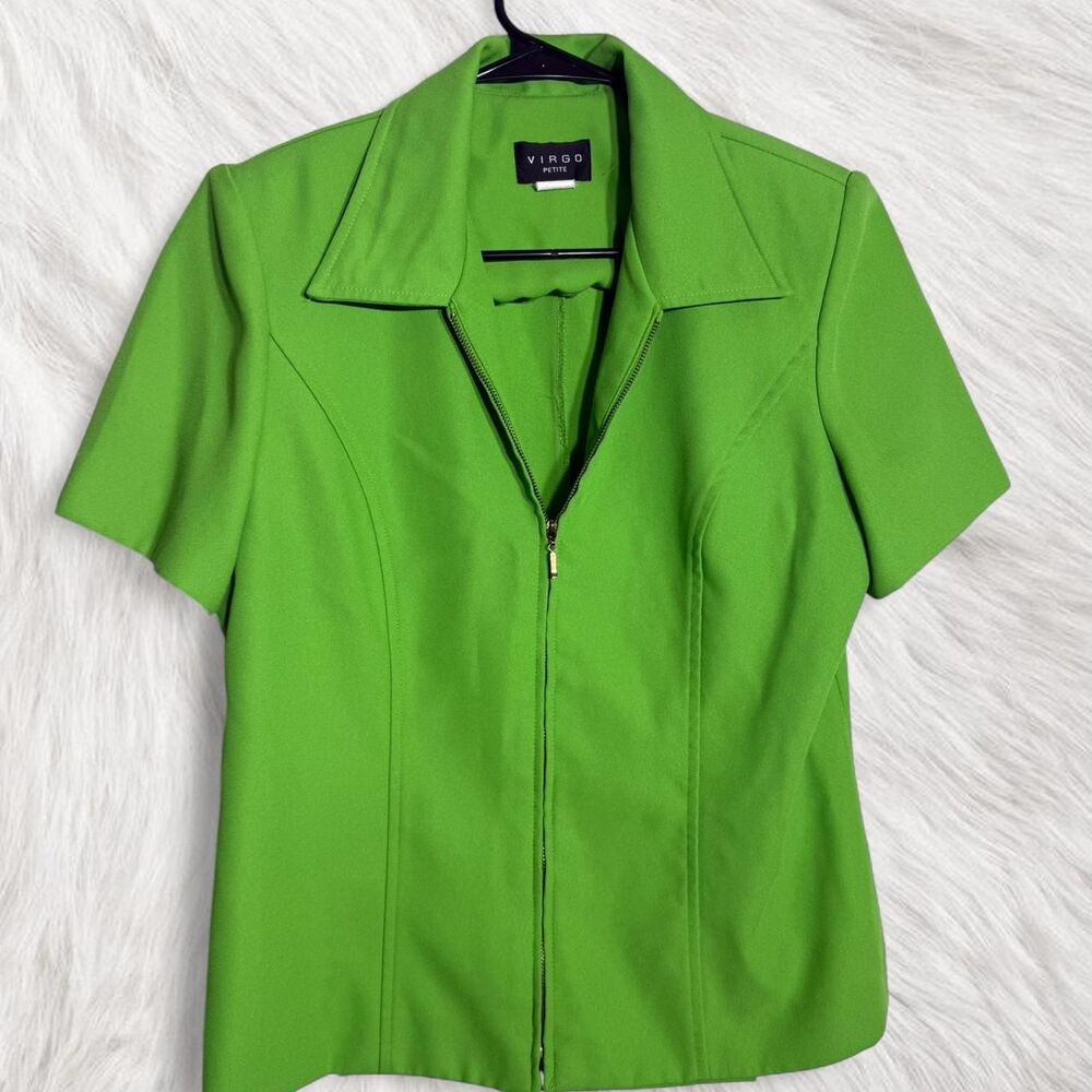 Vtg Virgo Green Zip Up Blazer 12P Made in USA 70s Short Sleeve Shoulder Pad Top